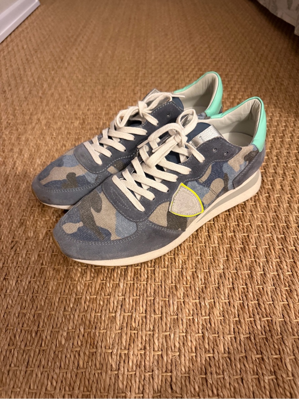 Philippe Model Women's Blue Camouflage Suede Sneakers with Mint Heel